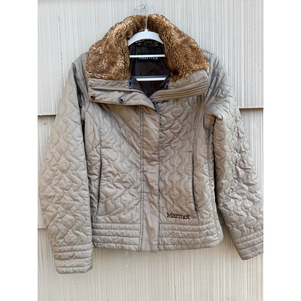 marmot quilted jacket s faux fur collar taupe nylon puffer winter coat outerwear